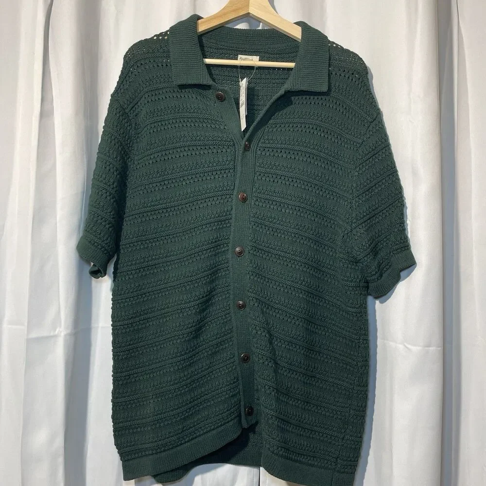 NWT J Crew Short Sleeve‎ Open-Stitch Polo Cardigan Sweater Green Mens Large